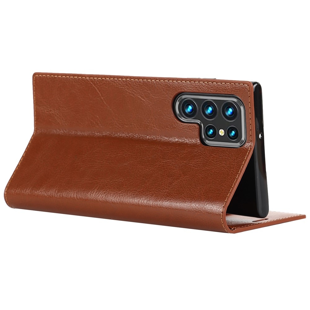 Coque portefeuille en cuir Veritable Samsung Galaxy S22 Ultra, Marron
