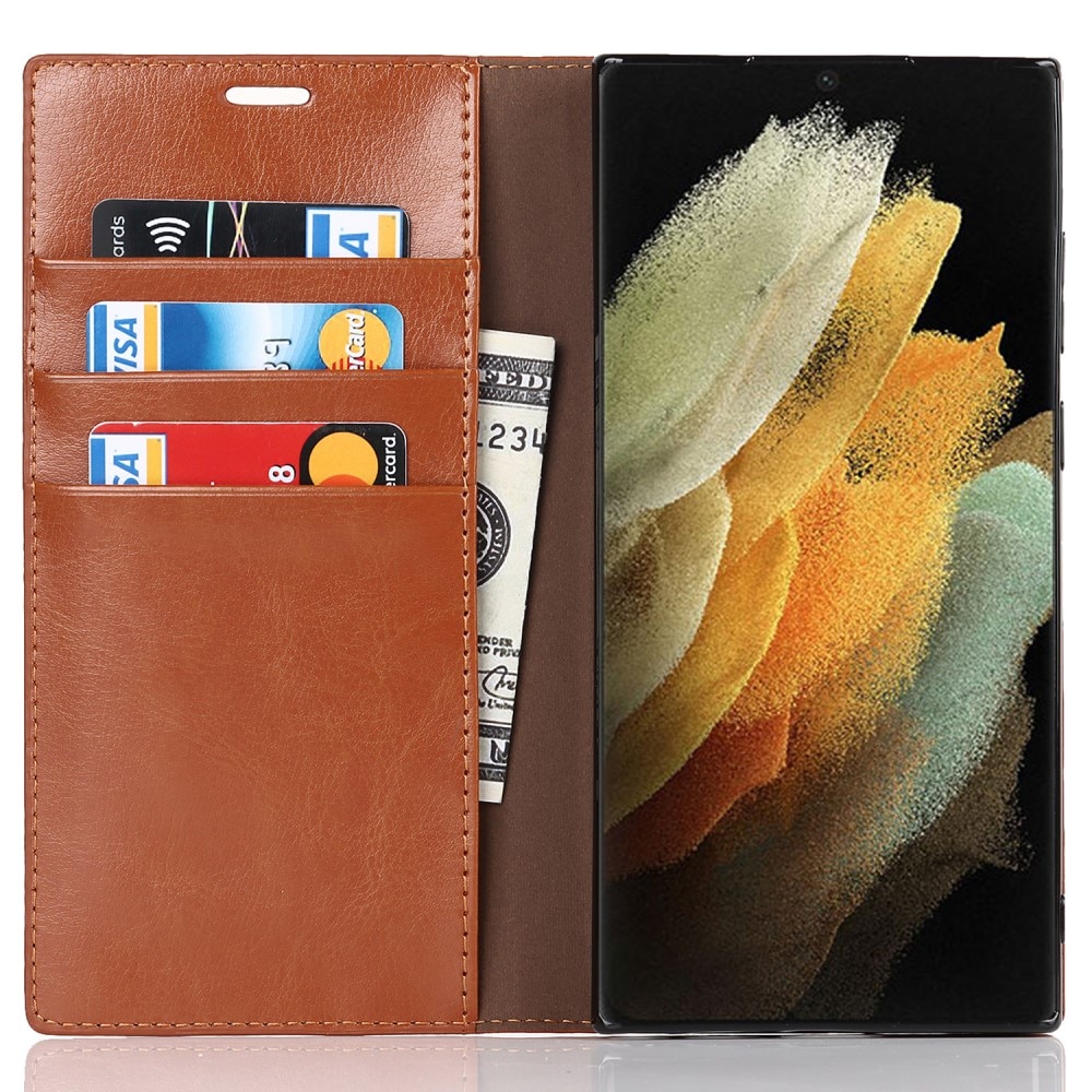Coque portefeuille en cuir Veritable Samsung Galaxy S22 Ultra, Marron