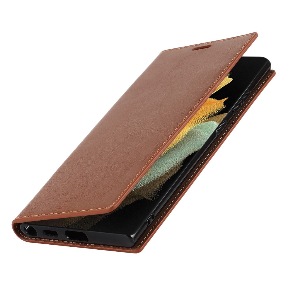 Coque portefeuille en cuir Veritable Samsung Galaxy S22 Ultra, marron
