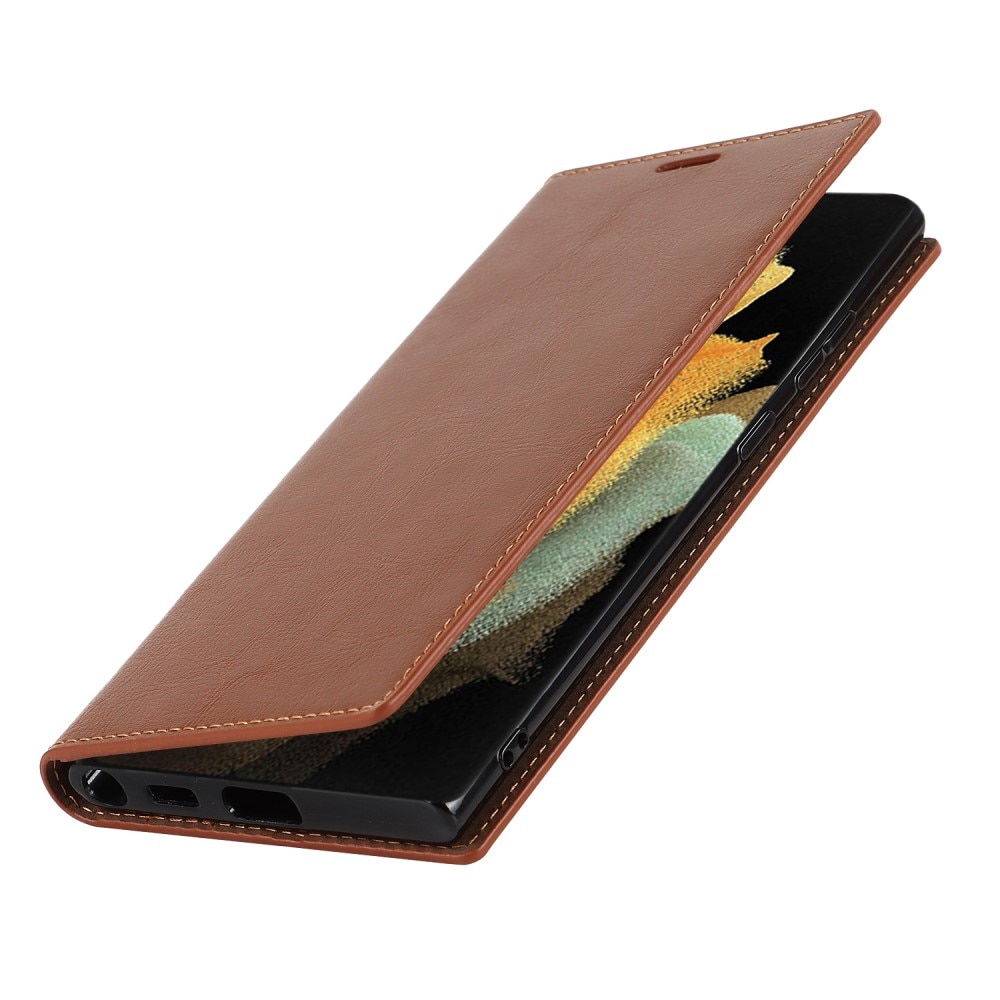 Coque portefeuille en cuir Veritable Samsung Galaxy S22 Ultra, Marron