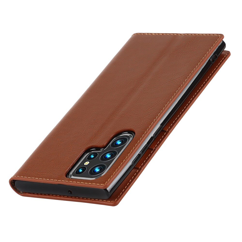 Coque portefeuille en cuir Veritable Samsung Galaxy S22 Ultra, marron