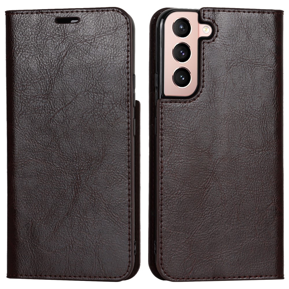 Coque portefeuille en cuir Veritable Samsung Galaxy S22, Marron foncé