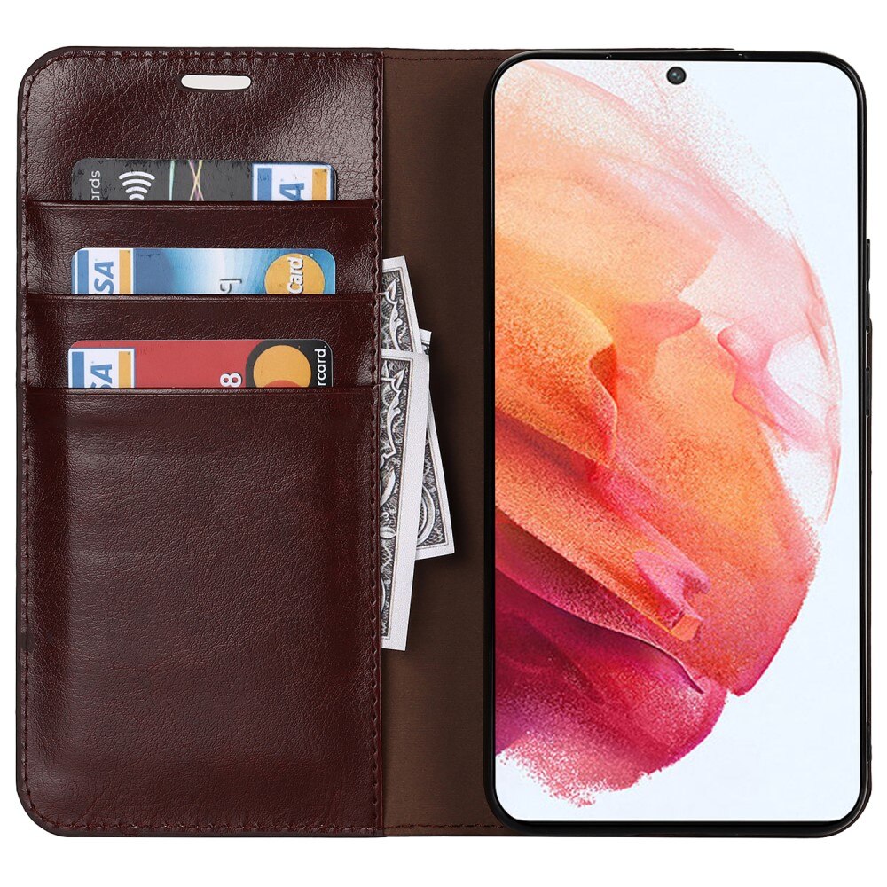 Coque portefeuille en cuir Veritable Samsung Galaxy S22, Marron foncé