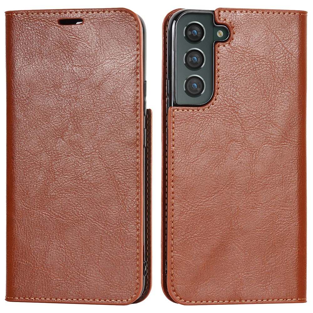 Coque portefeuille en cuir Veritable Samsung Galaxy S22 Plus, marron
