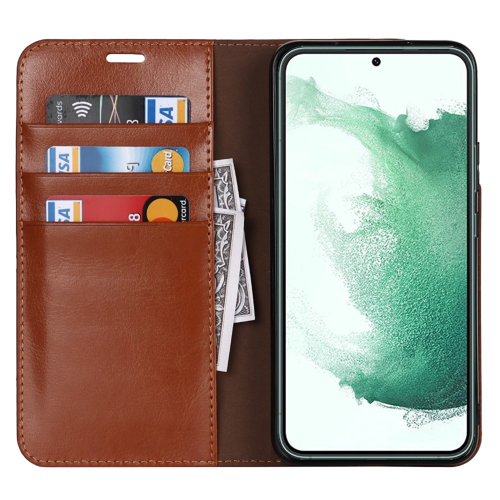 Coque portefeuille en cuir Veritable Samsung Galaxy S22 Plus, Marron