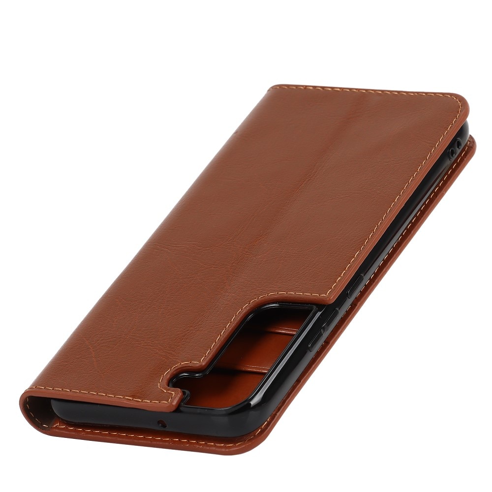 Coque portefeuille en cuir Veritable Samsung Galaxy S22 Plus, marron