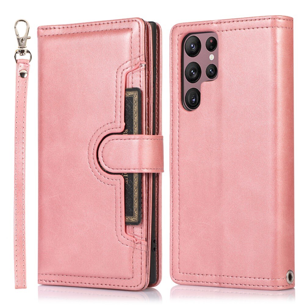 Portefeuille en cuir avec plusieurs fentes Samsung Galaxy S22 Ultra Rose