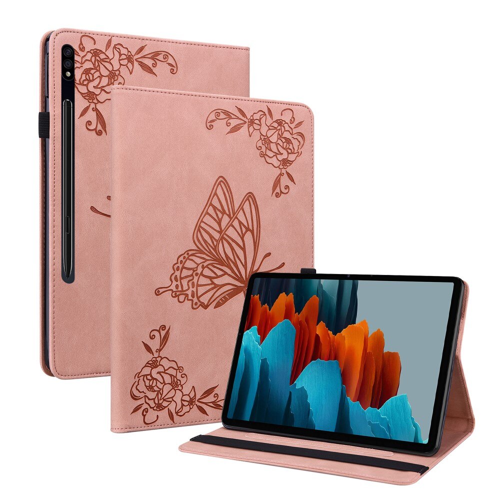 Étui en cuir avec papillons Samsung Galaxy Tab S7, rose