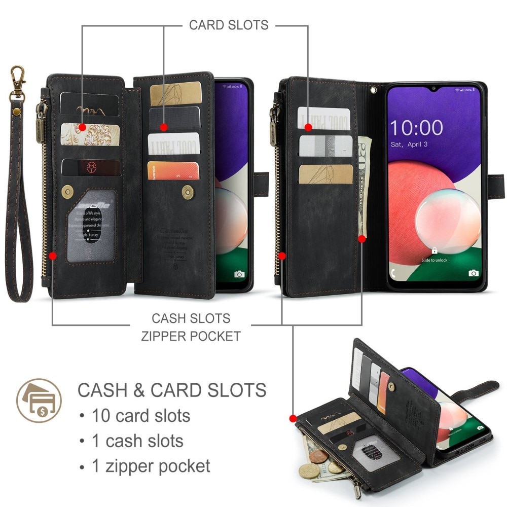 Étui portefeuille à glissière Samsung Galaxy A22 5G, Noir