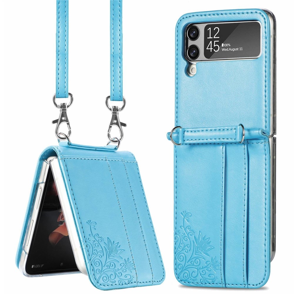 Étui en cuir à papillons pour Samsung Galaxy Z Flip 4, bleu