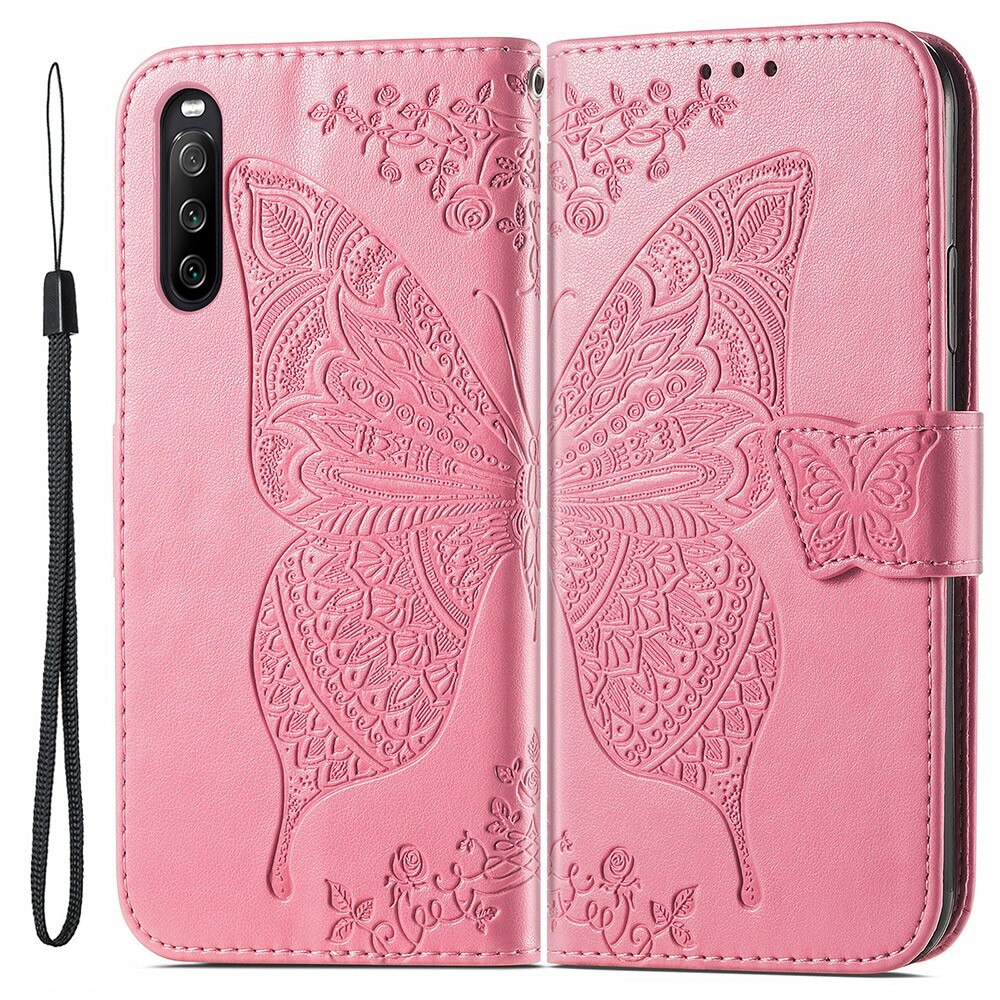 Étui en cuir à papillons pour Sony Xperia 10 III, Rose