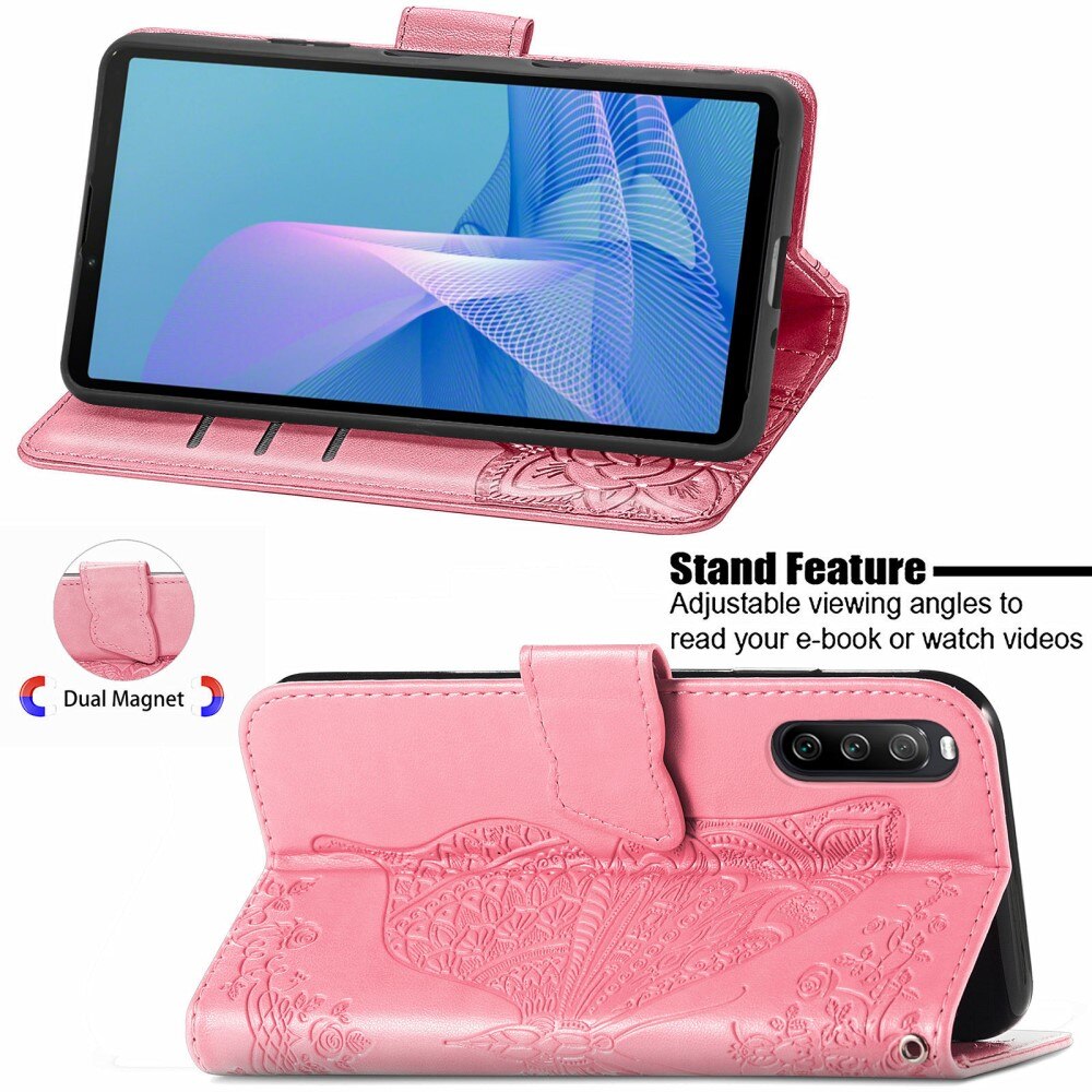 Étui en cuir à papillons pour Sony Xperia 10 III, Rose