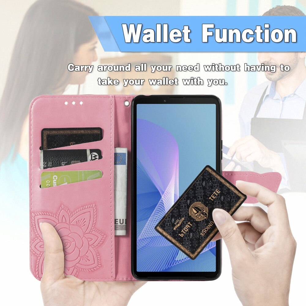 Étui en cuir à papillons pour Sony Xperia 10 III, Rose
