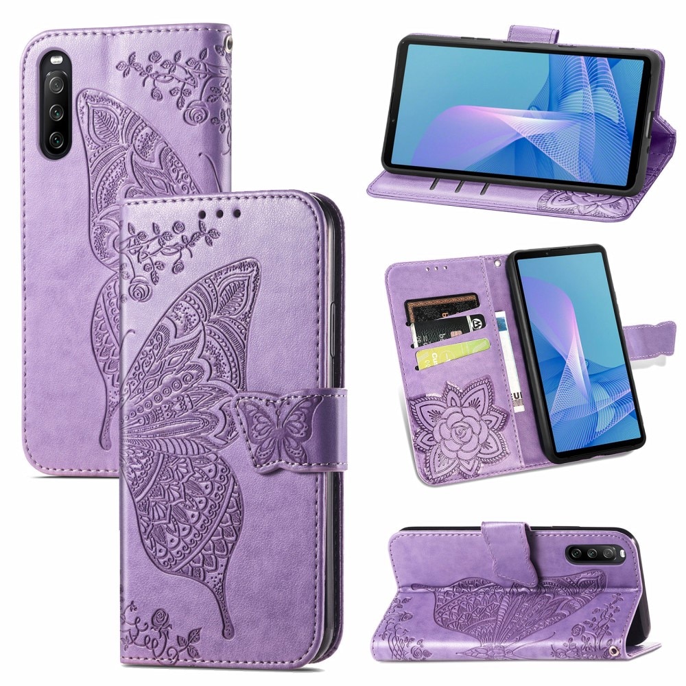 Étui en cuir à papillons pour Sony Xperia 10 III, violet