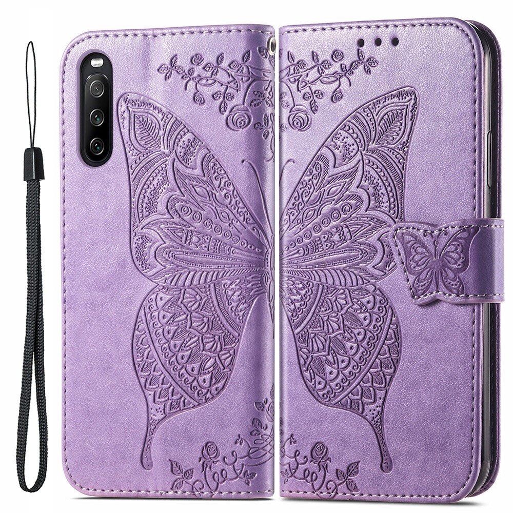 Étui en cuir à papillons pour Sony Xperia 10 III, Violet