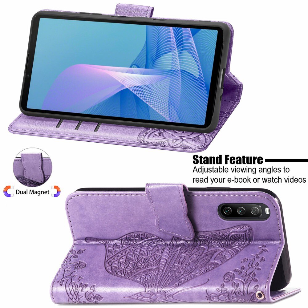 Étui en cuir à papillons pour Sony Xperia 10 III, Violet