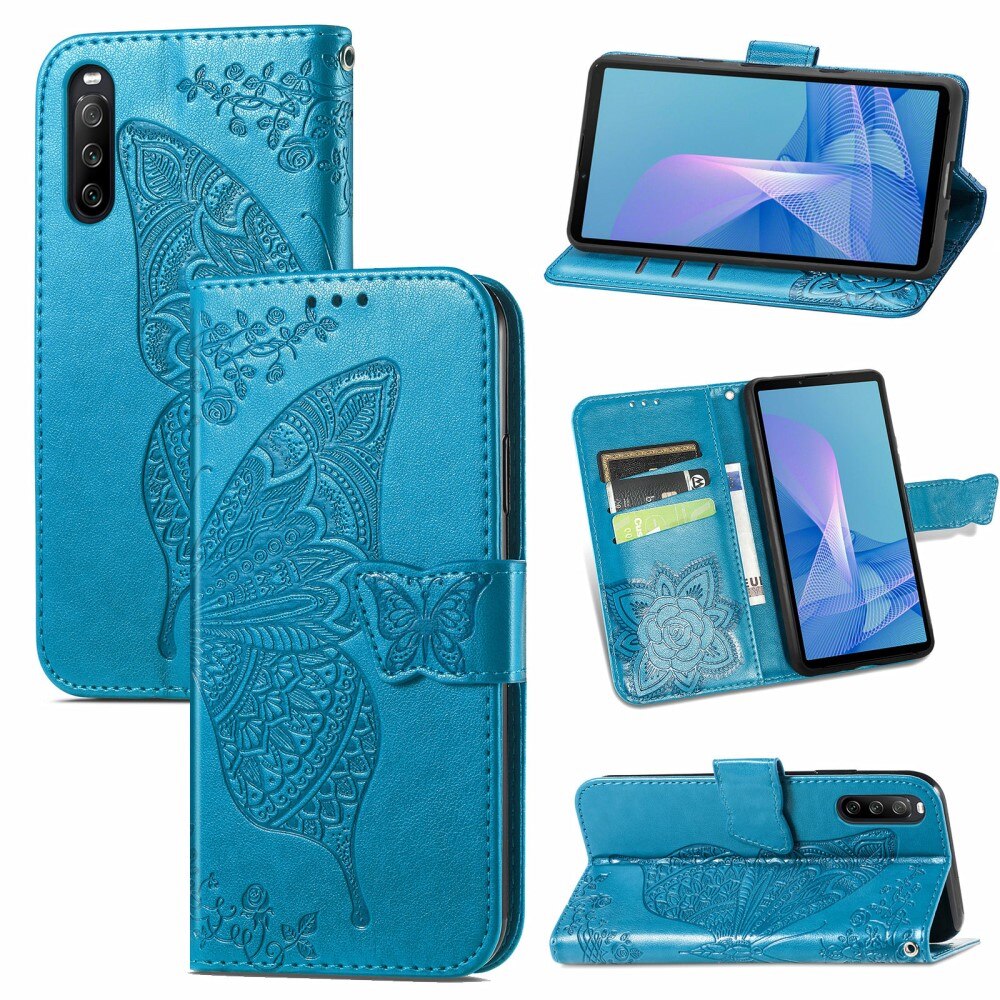 Étui en cuir à papillons pour Sony Xperia 10 III, Bleu