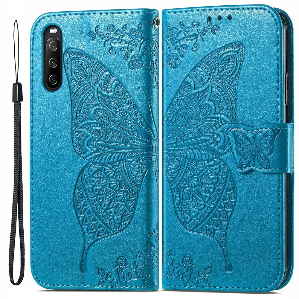 Étui en cuir à papillons pour Sony Xperia 10 III, bleu