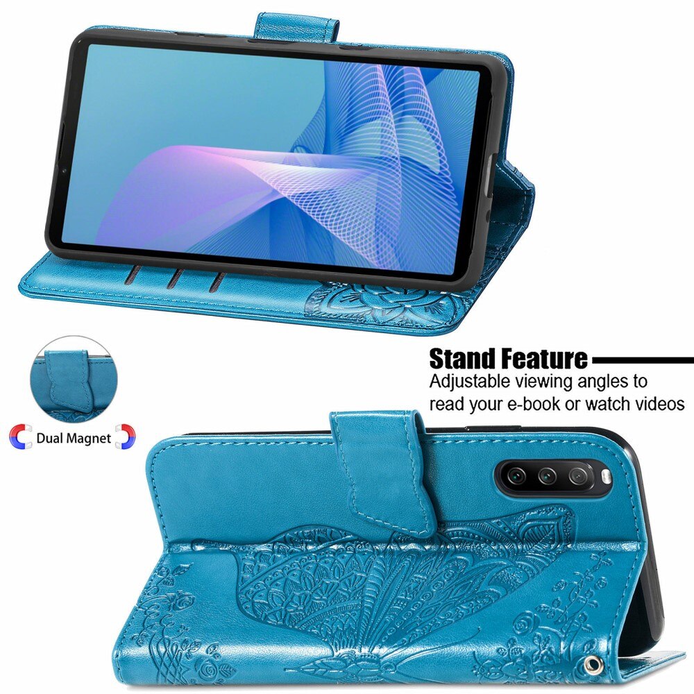 Étui en cuir à papillons pour Sony Xperia 10 III, Bleu