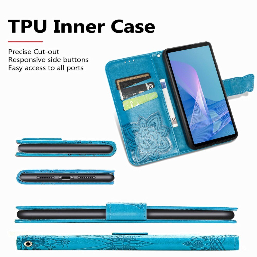 Étui en cuir à papillons pour Sony Xperia 10 III, Bleu