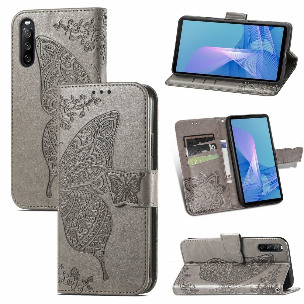 Étui en cuir à papillons pour Sony Xperia 10 III, Gris
