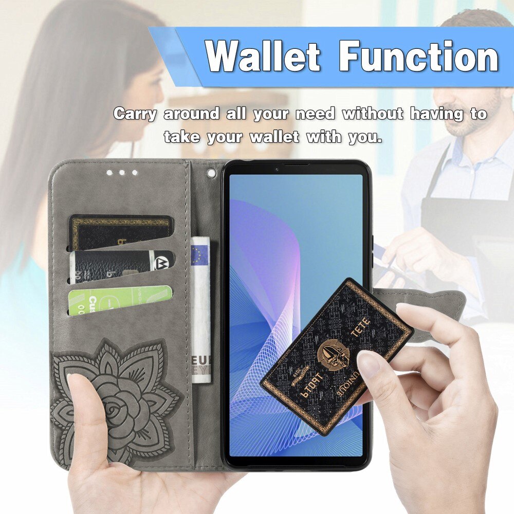 Étui en cuir à papillons pour Sony Xperia 10 III, Gris