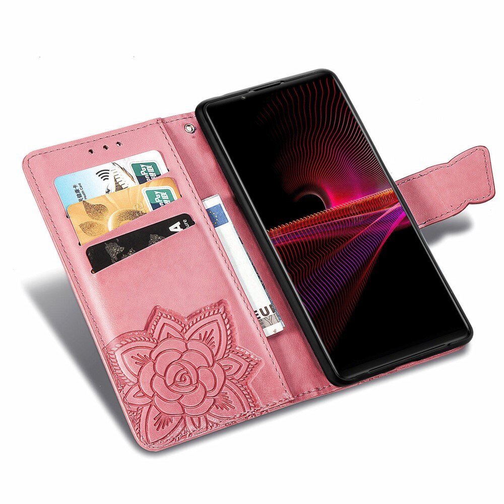 Étui en cuir à papillons pour Sony Xperia 1 III, Rose