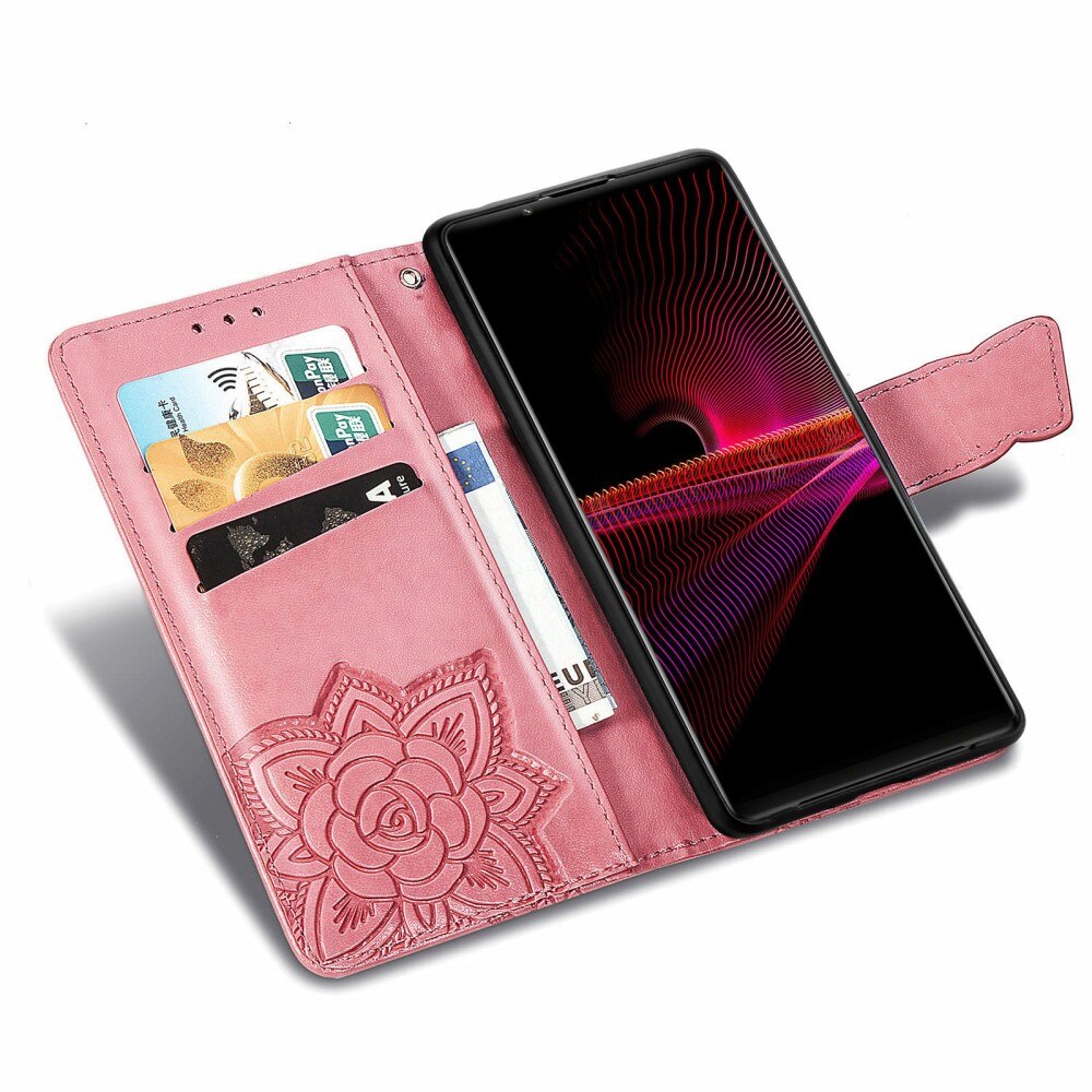 Étui en cuir à papillons pour Sony Xperia 1 III, rose