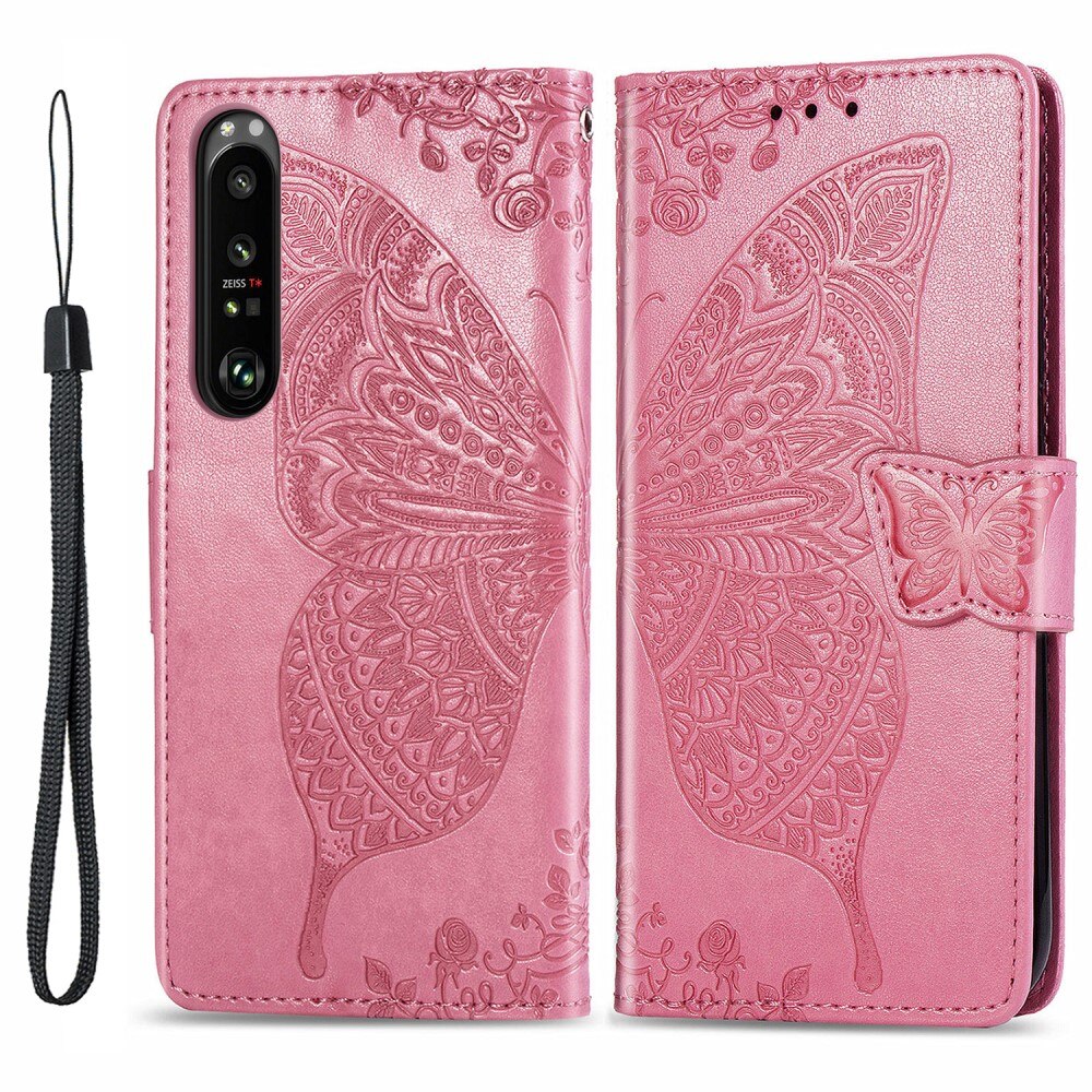 Étui en cuir à papillons pour Sony Xperia 1 III, rose