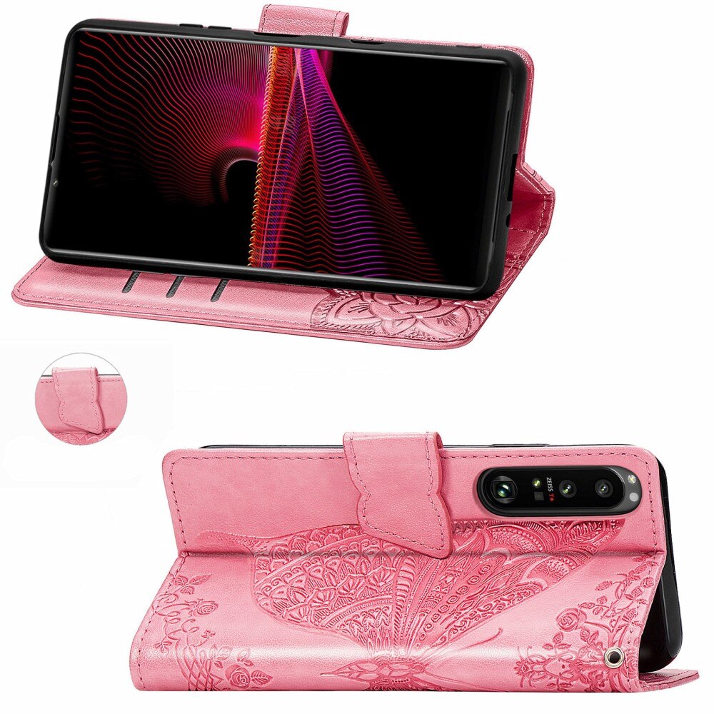 Étui en cuir à papillons pour Sony Xperia 1 III, Rose
