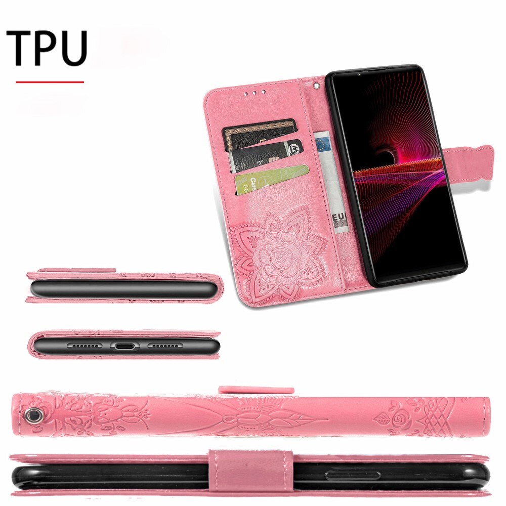 Étui en cuir à papillons pour Sony Xperia 1 III, Rose