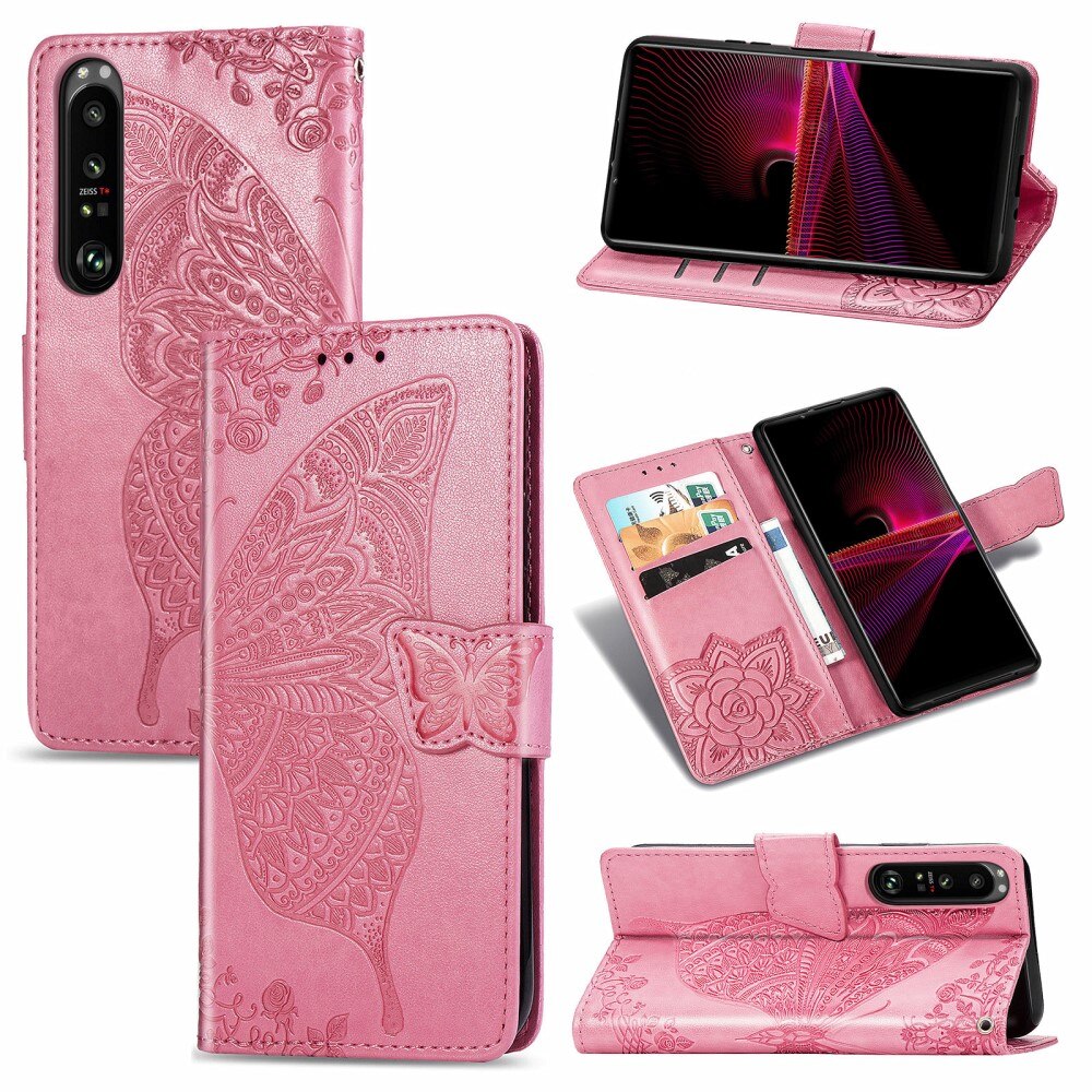 Étui en cuir à papillons pour Sony Xperia 1 III, Rose
