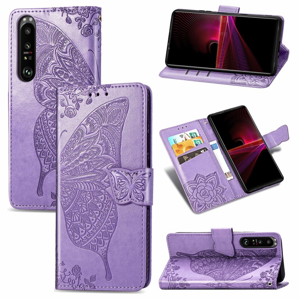 Étui en cuir à papillons pour Sony Xperia 1 III, violet