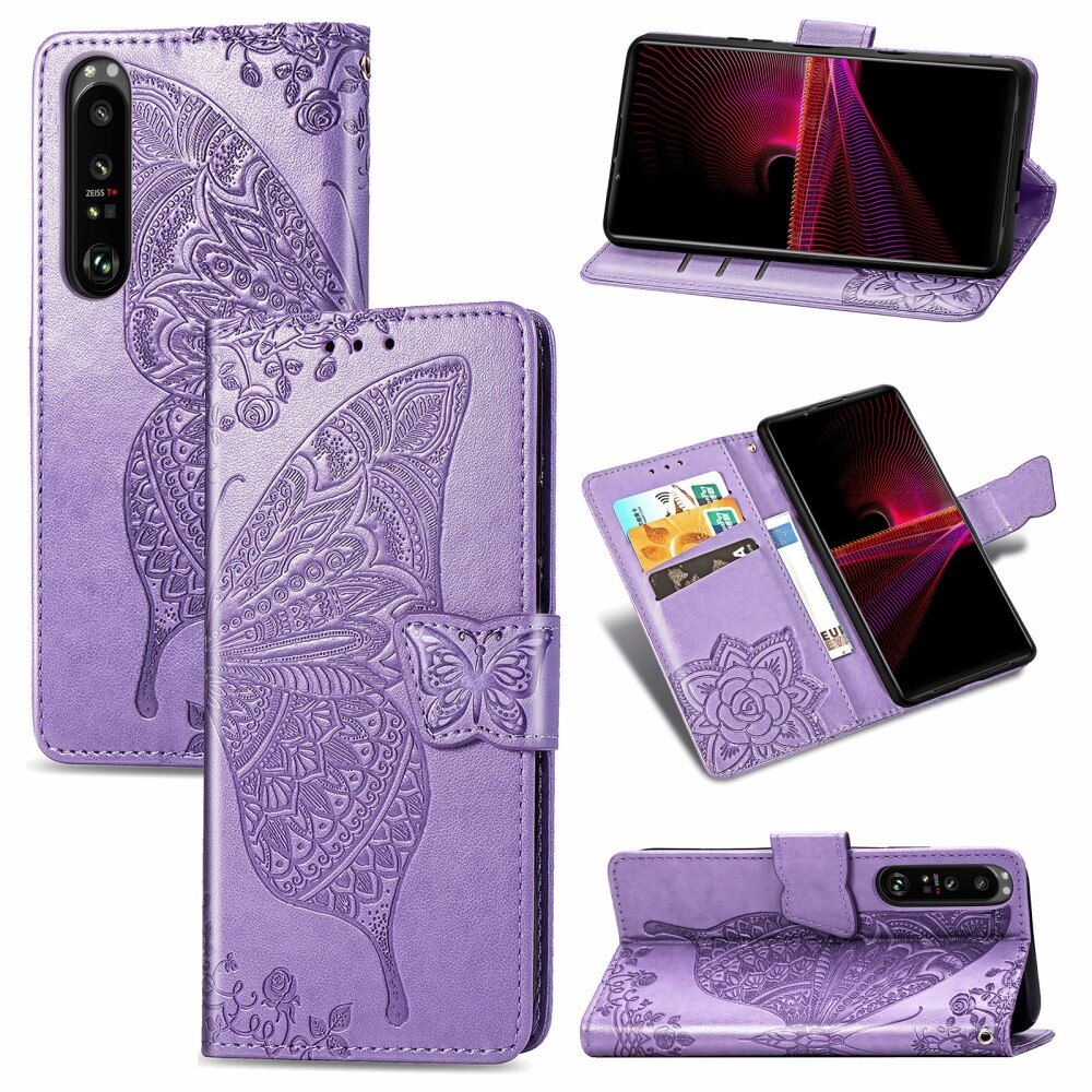 Étui en cuir à papillons pour Sony Xperia 1 III, Violet