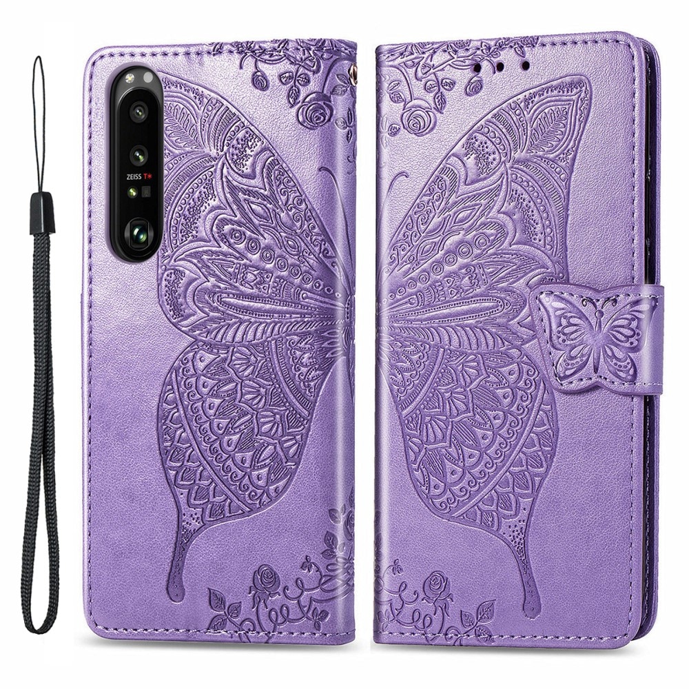 Étui en cuir à papillons pour Sony Xperia 1 III, violet
