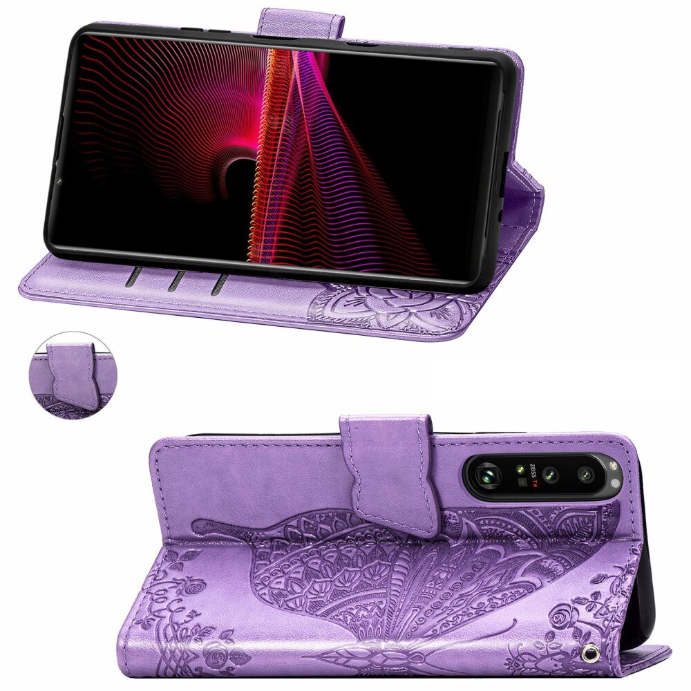 Étui en cuir à papillons pour Sony Xperia 1 III, violet