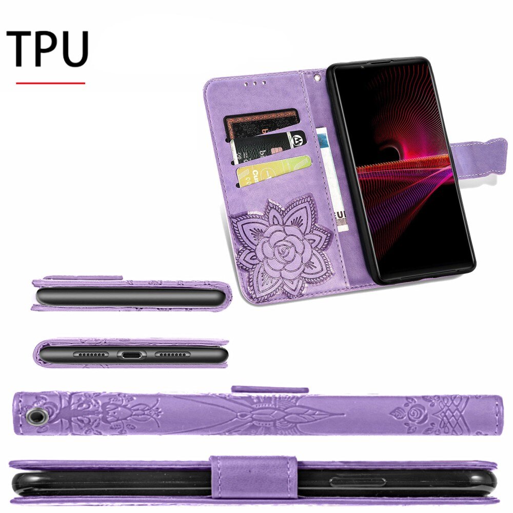 Étui en cuir à papillons pour Sony Xperia 1 III, Violet