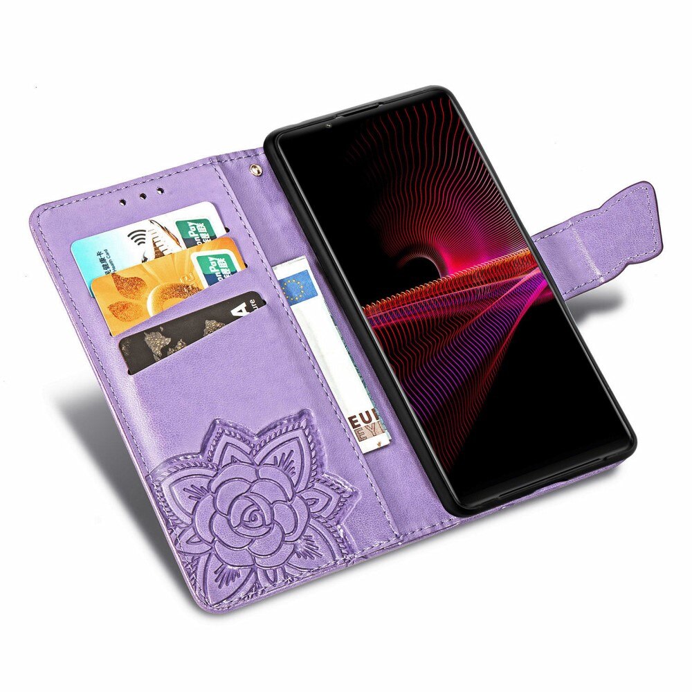 Étui en cuir à papillons pour Sony Xperia 1 III, violet