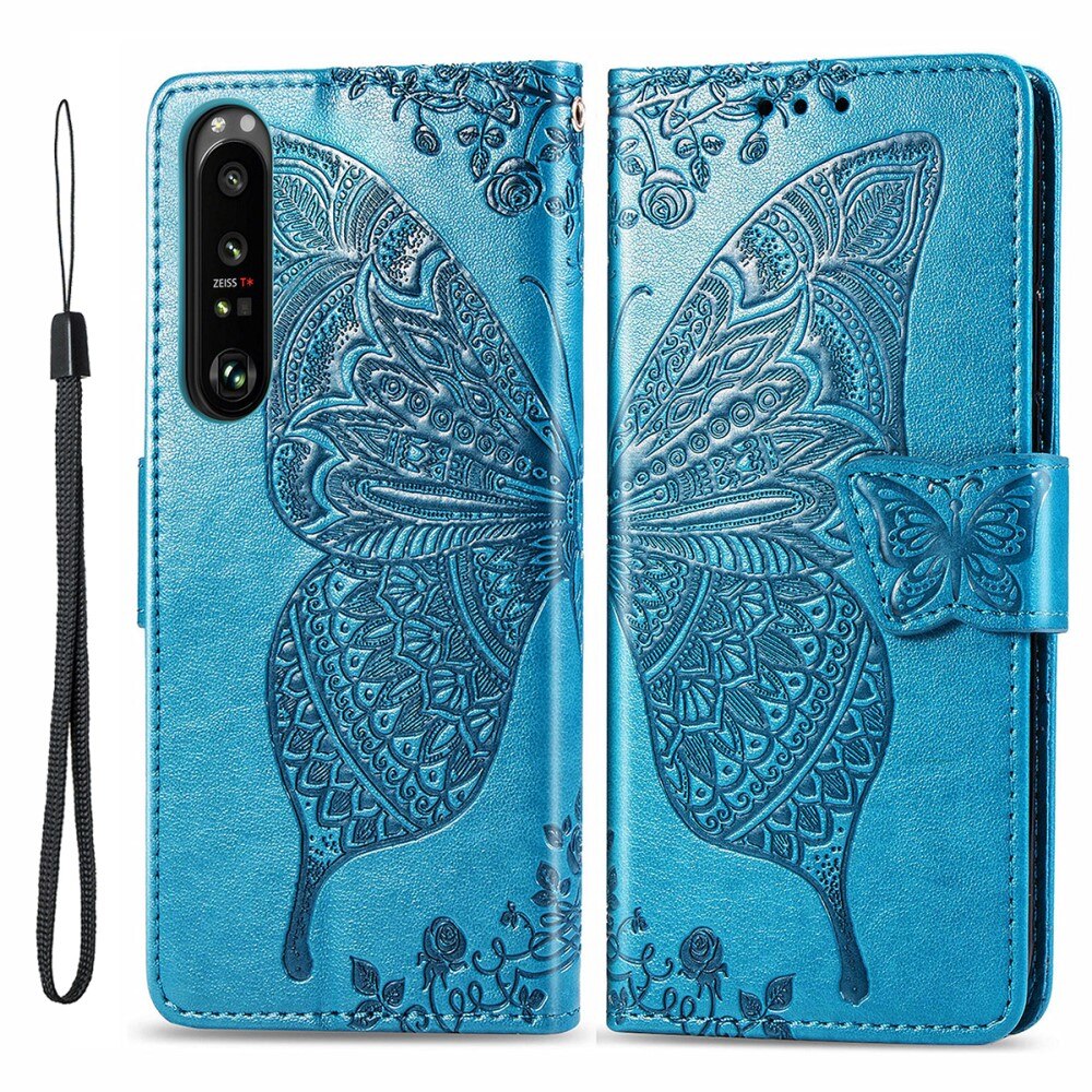 Étui en cuir à papillons pour Sony Xperia 1 III, Bleu