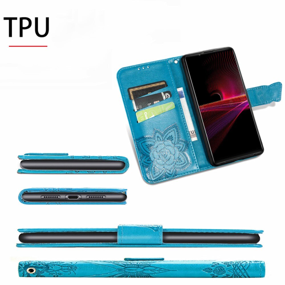 Étui en cuir à papillons pour Sony Xperia 1 III, Bleu