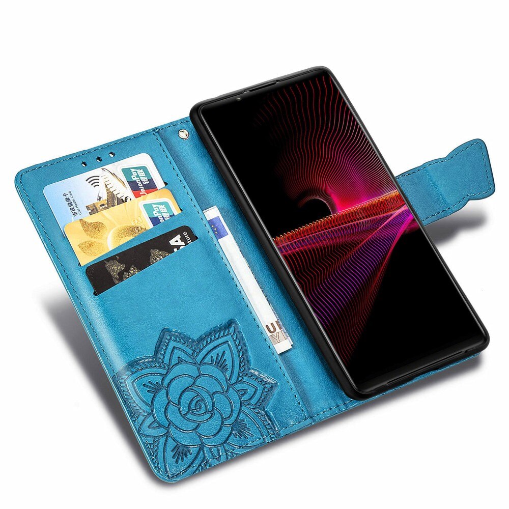 Étui en cuir à papillons pour Sony Xperia 1 III, bleu