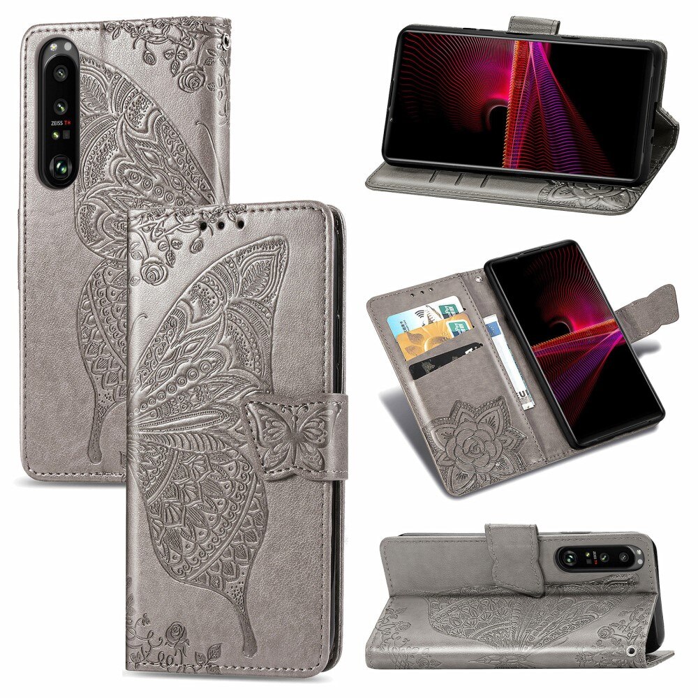 Étui en cuir à papillons pour Sony Xperia 1 III, Gris