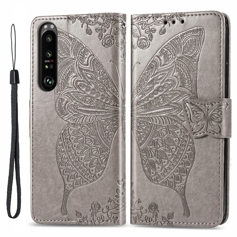 Étui en cuir à papillons pour Sony Xperia 1 III, Gris