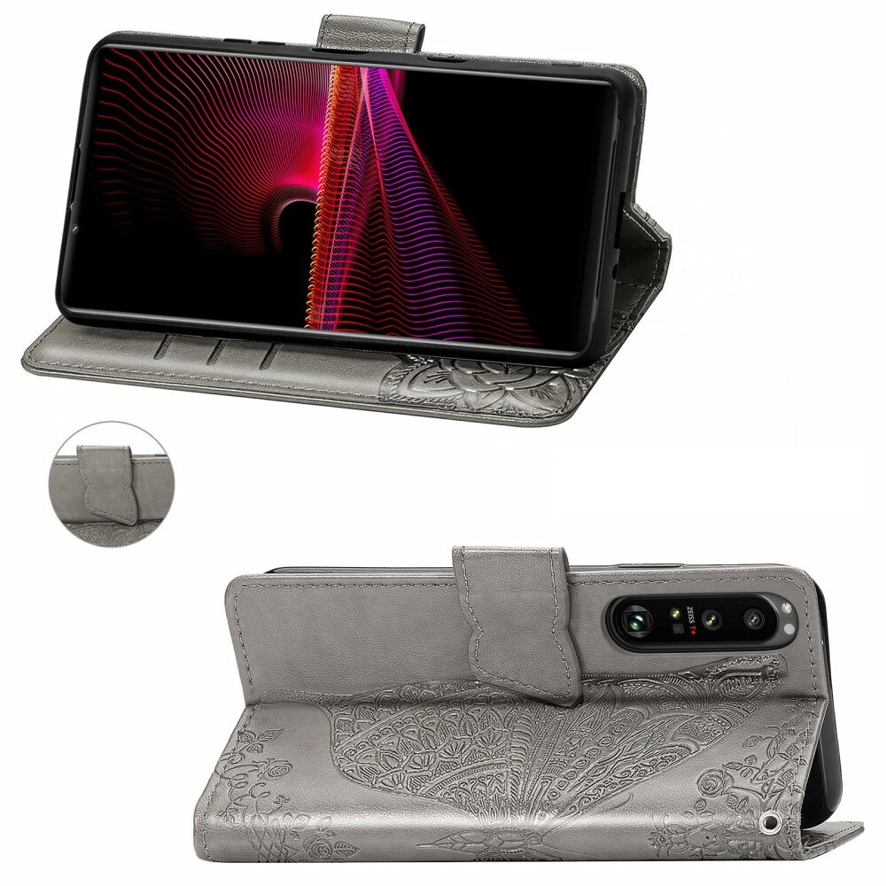 Étui en cuir à papillons pour Sony Xperia 1 III, Gris