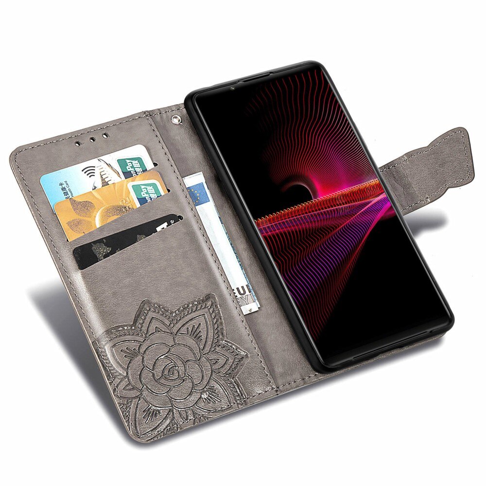 Étui en cuir à papillons pour Sony Xperia 1 III, Gris