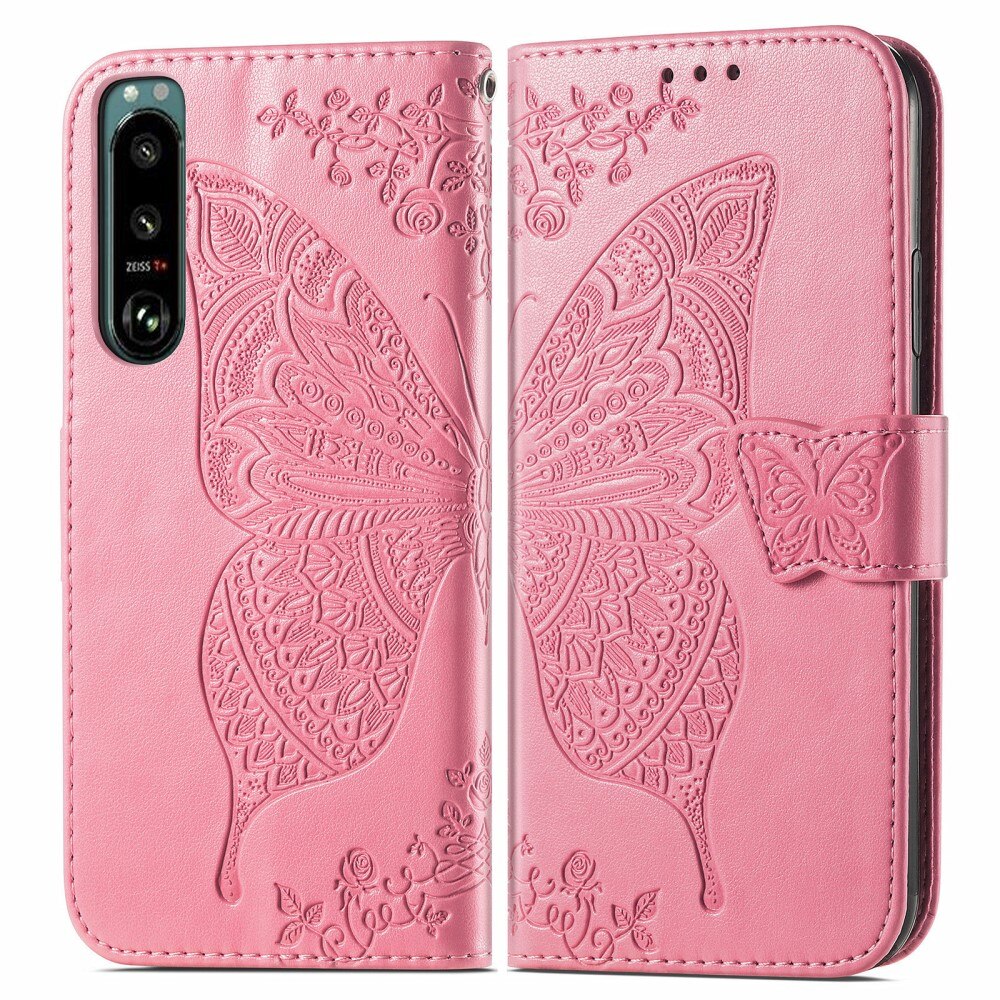 Étui en cuir à papillons pour Sony Xperia 5 III, Rose