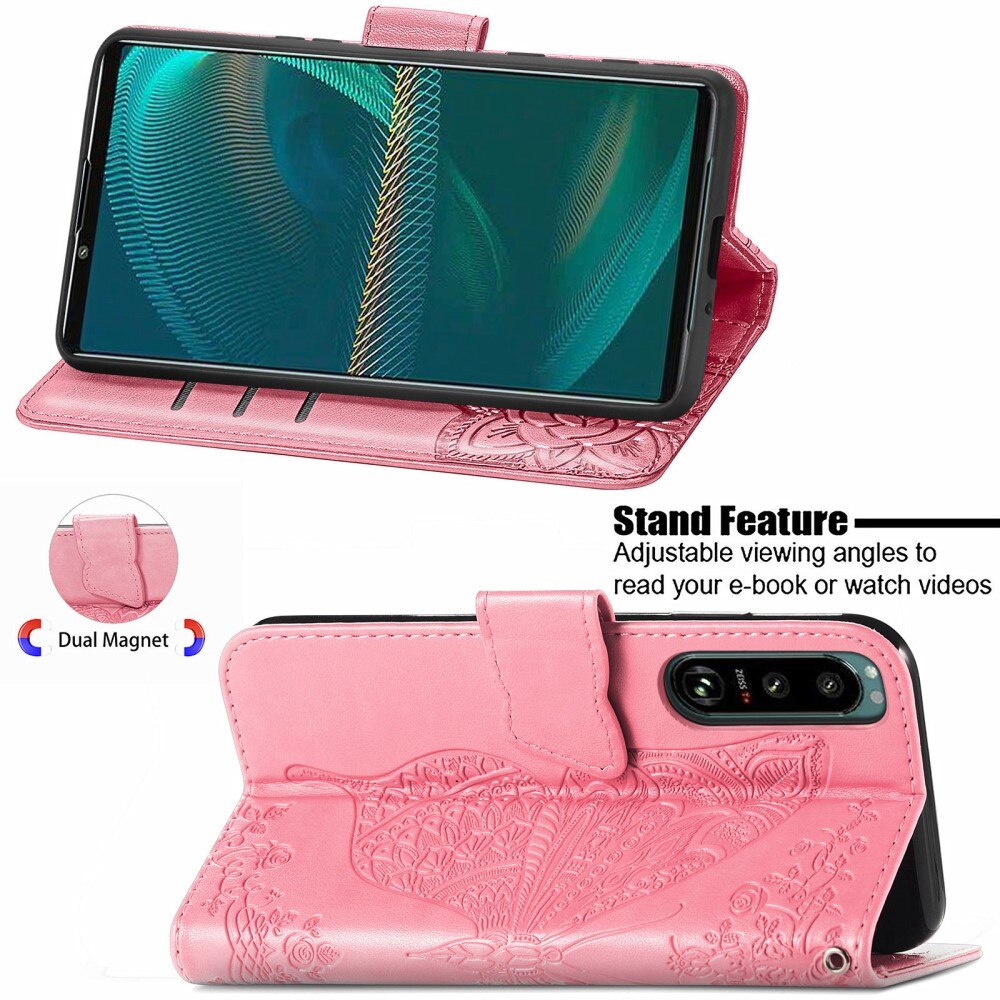 Étui en cuir à papillons pour Sony Xperia 5 III, Rose