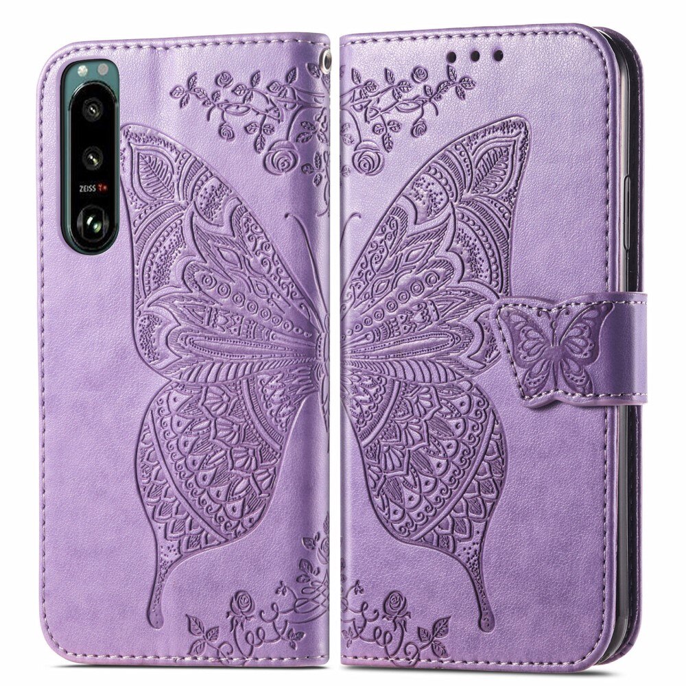 Étui en cuir à papillons pour Sony Xperia 5 III, Violet