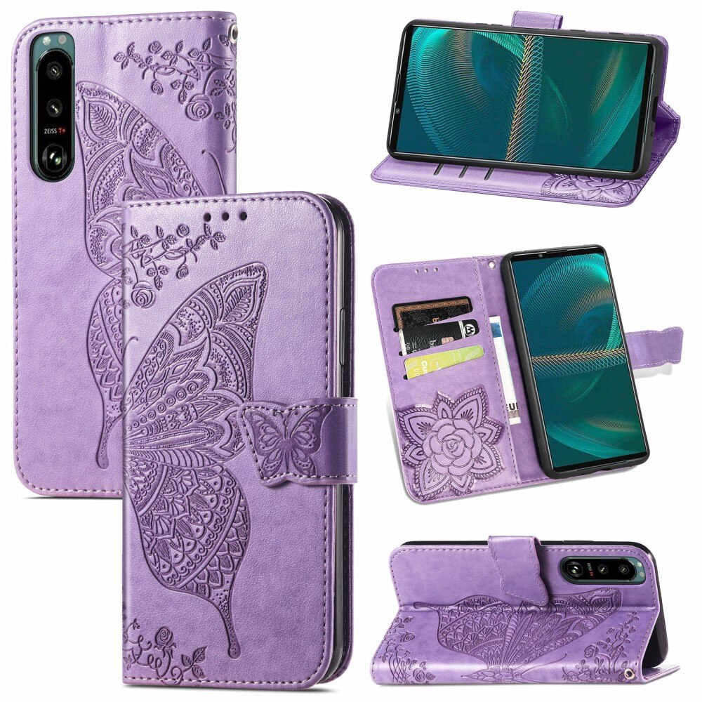 Étui en cuir à papillons pour Sony Xperia 5 III, Violet