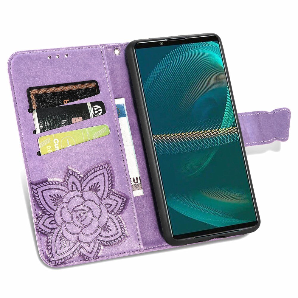 Étui en cuir à papillons pour Sony Xperia 5 III, violet